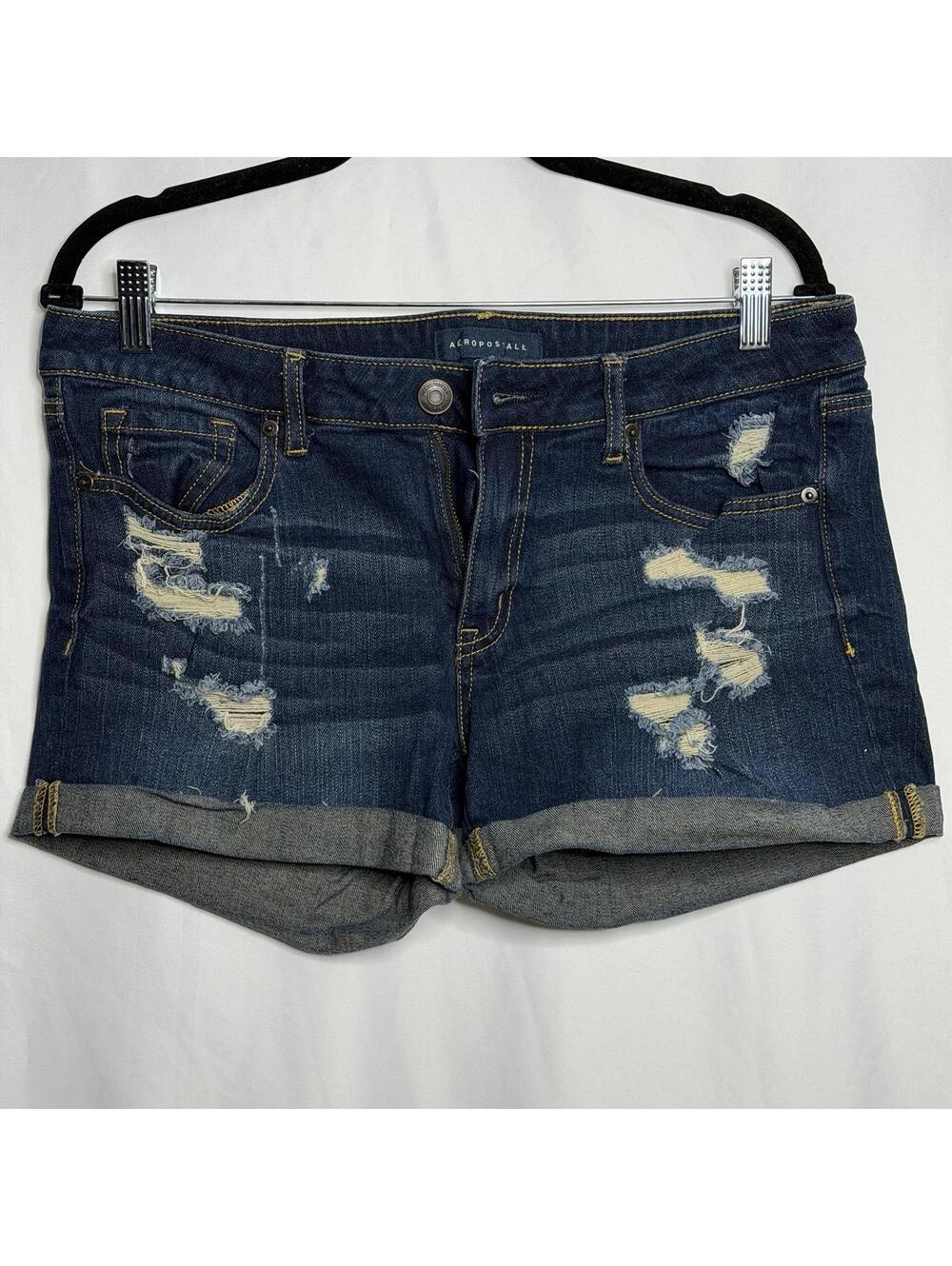 Aeropostale Midi Fit Cuffed Distressed Blue Denim Shorts Size 10